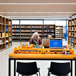 **Prompt:** A modern public library interior in the Netherlands. Focus on a bright, open makerspace with 3D printers, laptops, and various crafting tools. People of different ages are collaborating on projects. Include Dutch signage and a welcoming atmosphere.