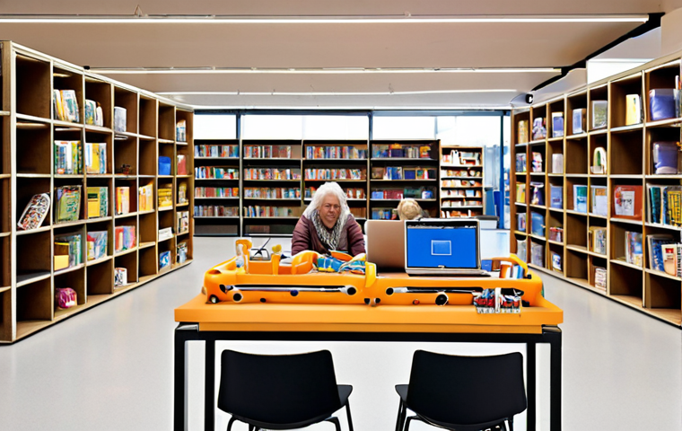 **Prompt:** A modern public library interior in the Netherlands. Focus on a bright, open makerspace with 3D printers, laptops, and various crafting tools. People of different ages are collaborating on projects. Include Dutch signage and a welcoming atmosphere.
