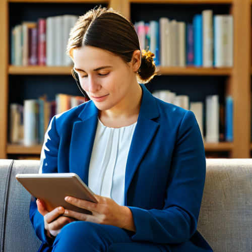 Home 6 A professional adult, fully clothed in modest, appropriate attire, seated comfortably in a sunlit, modern library reading nook. They are looking thoughtfully at a digital tablet displaying personalized book recommendations, with a stack of physical books beside them. The background features blurred bookshelves. Perfect anatomy, correct proportions, natural pose, well-formed hands, proper finger count, natural body proportions. Safe for work, appropriate content, family-friendly, high-quality professional photography, realistic, detailed.