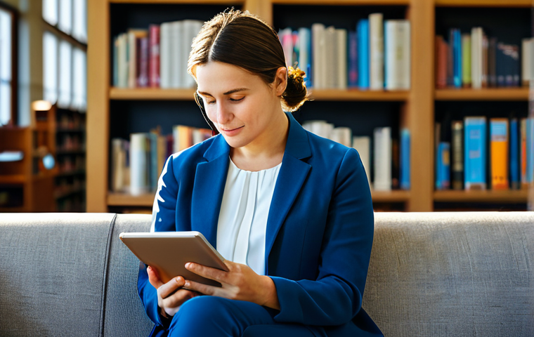 A professional adult, fully clothed in modest, appropriate attire, seated comfortably in a sunlit, modern library reading nook. They are looking thoughtfully at a digital tablet displaying personalized book recommendations, with a stack of physical books beside them. The background features blurred bookshelves. Perfect anatomy, correct proportions, natural pose, well-formed hands, proper finger count, natural body proportions. Safe for work, appropriate content, family-friendly, high-quality professional photography, realistic, detailed.